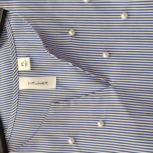 NWOT Tacera PL Blue and White Striped Dress w/ Faux Pearl Beading & Bell Sleeves - Picture 9 of 13
